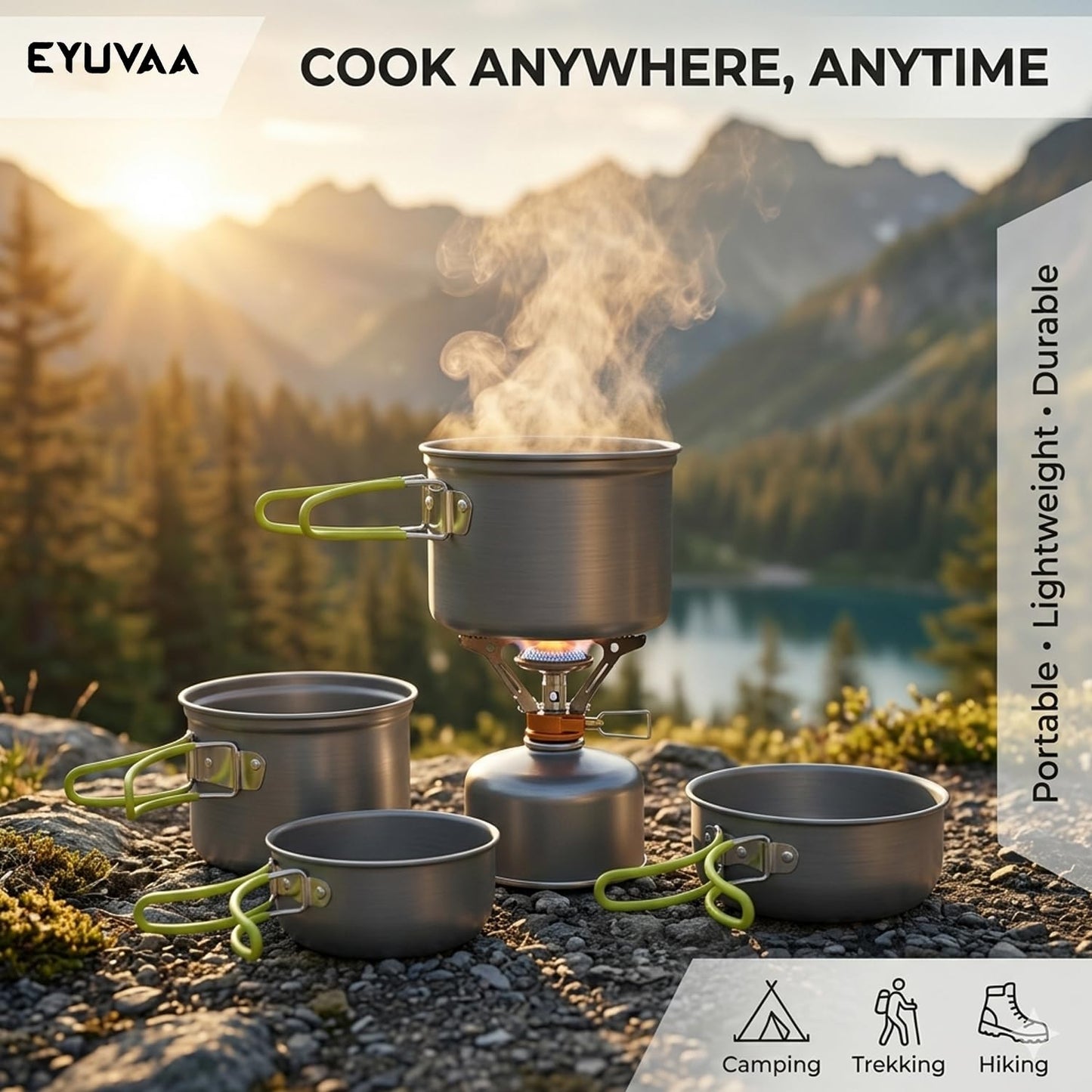 EYUVAA  Camping Cookware Set 4 Pcs, Portable Steel Cooking Pot Set, Lightweight Outdoor Cooking Kit for Camping, Hiking, Trekking, Picnic, Backpacking & Travel Kitchen Essentials