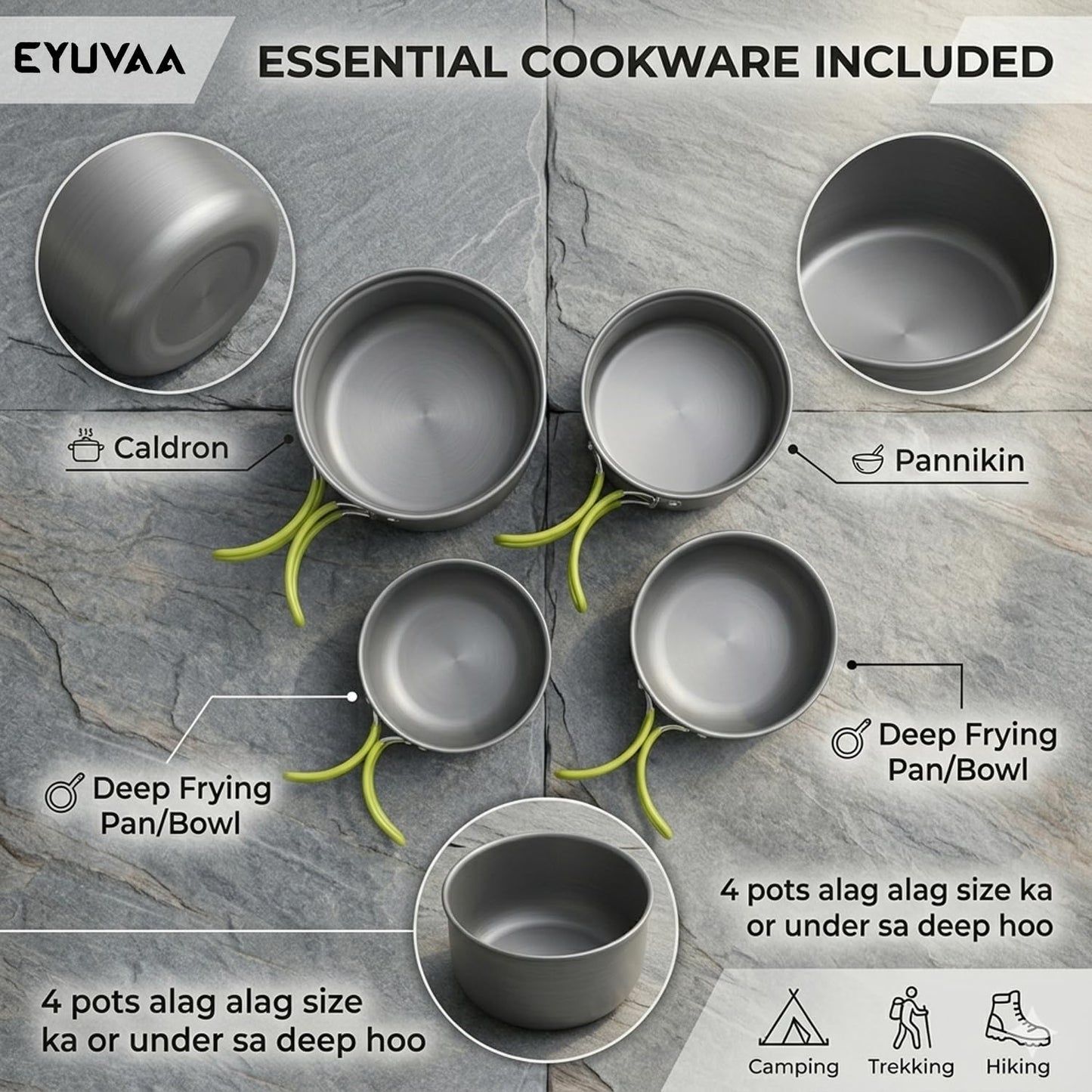 EYUVAA  Camping Cookware Set 4 Pcs, Portable Steel Cooking Pot Set, Lightweight Outdoor Cooking Kit for Camping, Hiking, Trekking, Picnic, Backpacking & Travel Kitchen Essentials