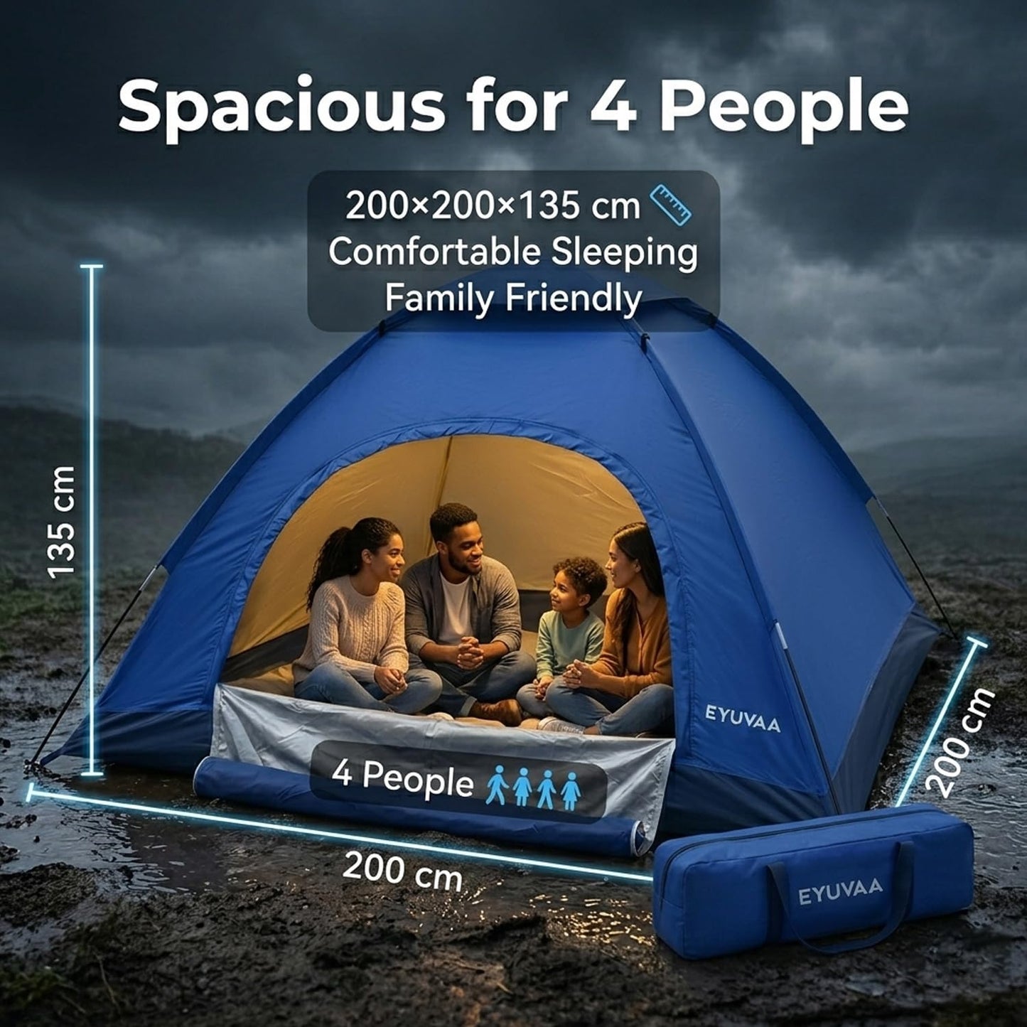 EYUVAA Waterproof Camping Tent for 4 Person (200×200×135 cm),Lightweight Portable Dome Tent with Carry Bag,Easy Setup Windproof Outdoor Tent for Hiking, Backpacking, Picnic & Travel (Random Colour)