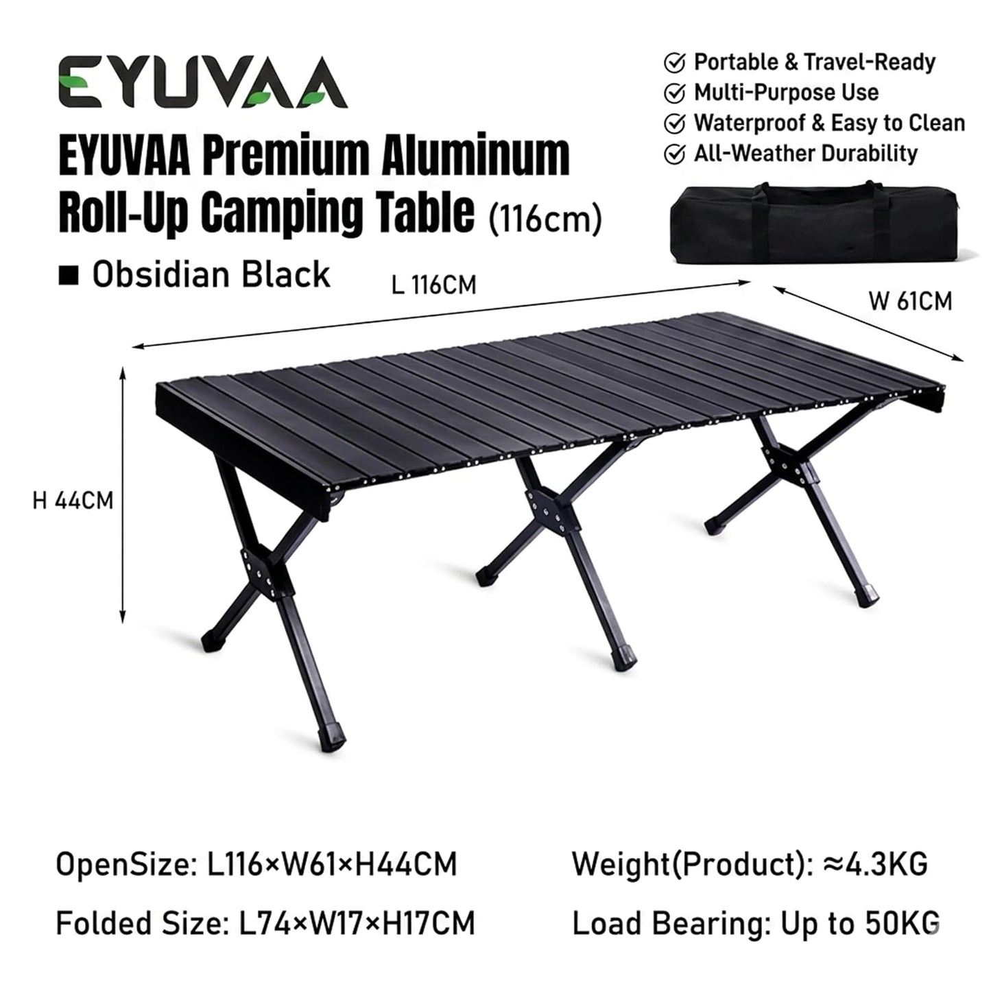 EYUVAA Folding Camping Table, Portable Aluminum Roll Up Picnic Table with Carry Bag, Lightweight Foldable Outdoor Dining Table for Camping,Beach, Garden, Hiking, Travel & Picnic