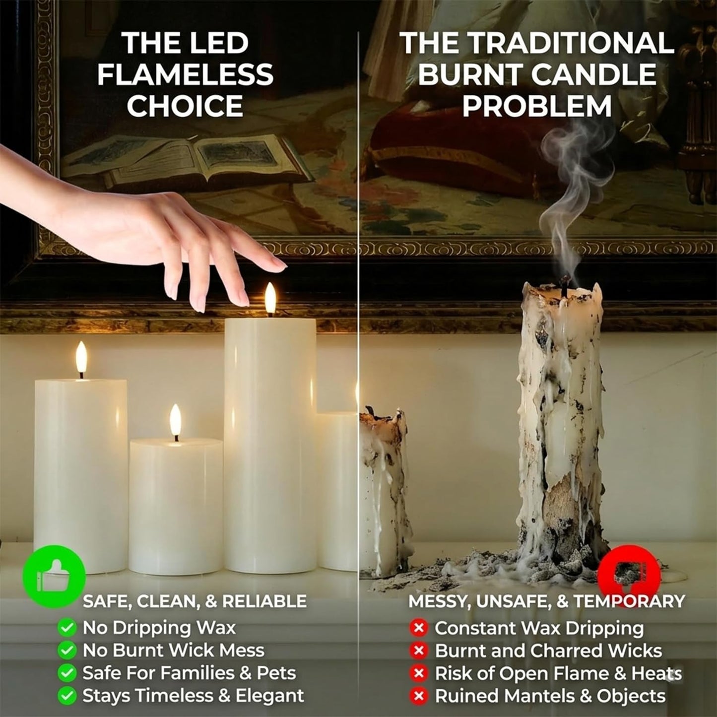 DECOVAA Real Wax Flameless LED Pillar Candles Set of 3 with 3D Flickering Wick, Battery Operated Decorative Candles 4", 5", 6" Height, 3" Diameter Candle Light for Home Decor, Diwali Decoration Items