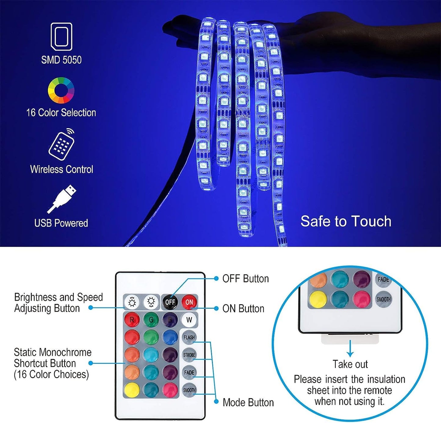 3 Meter RGB 150 LED Strip Light with Power Adapter,5050 RGB Color Changing LED Strip Light for Home Decoration