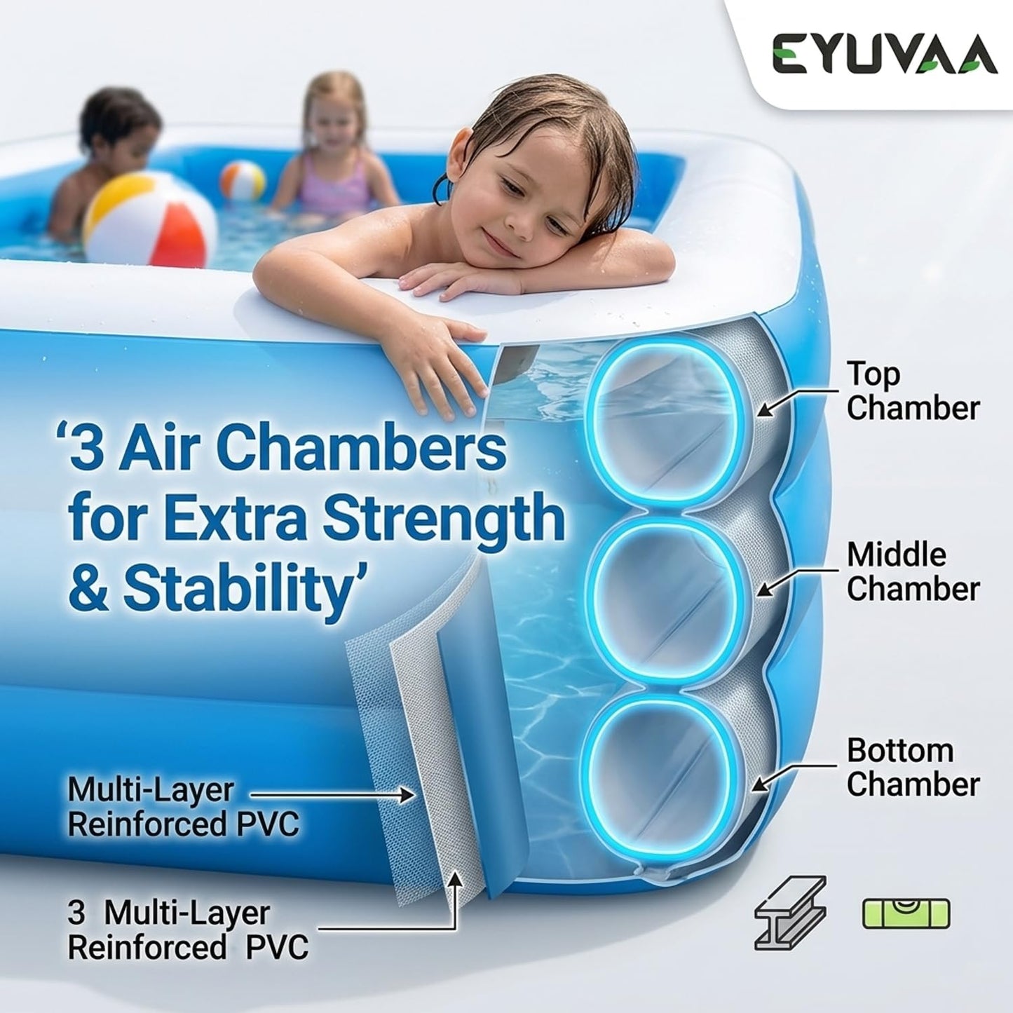 EYUVAA Rectangular Inflatable Pool for Kids & Toddlers Extra-Large 8.5 Feet 3 Air Chamber Pool Backyard Water Play Summer Fun Durable Child-Safe PVC Quick Inflate & Portable Outdoor Pool