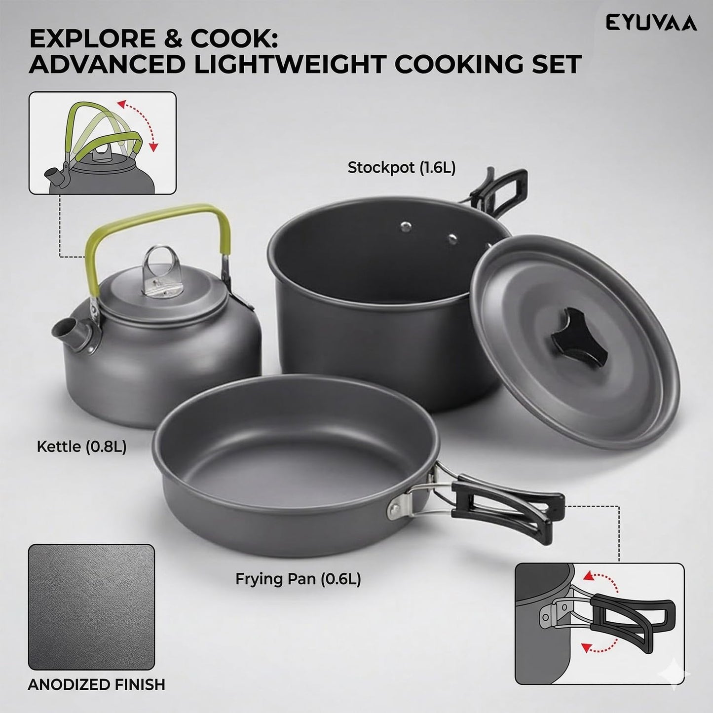 EYUVAA Camping Cookware Set, Lightweight Portable Outdoor Cooking Set with Pot, Pan, Kettle, Bowls & Utensils, Non-Stick Aluminium Camping Kitchen Set for Hiking,Trekking, Picnic & Travel
