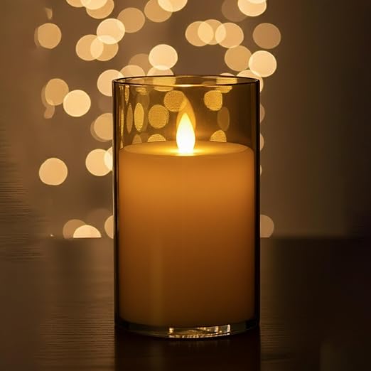 EYUVAA Flameless LED Pillar Candles, Battery Operated Acrylic Glass Candle, Realistic Flickering LED Flame Lights for Home Decor, Diwali, Wedding & Festivals(Golden)