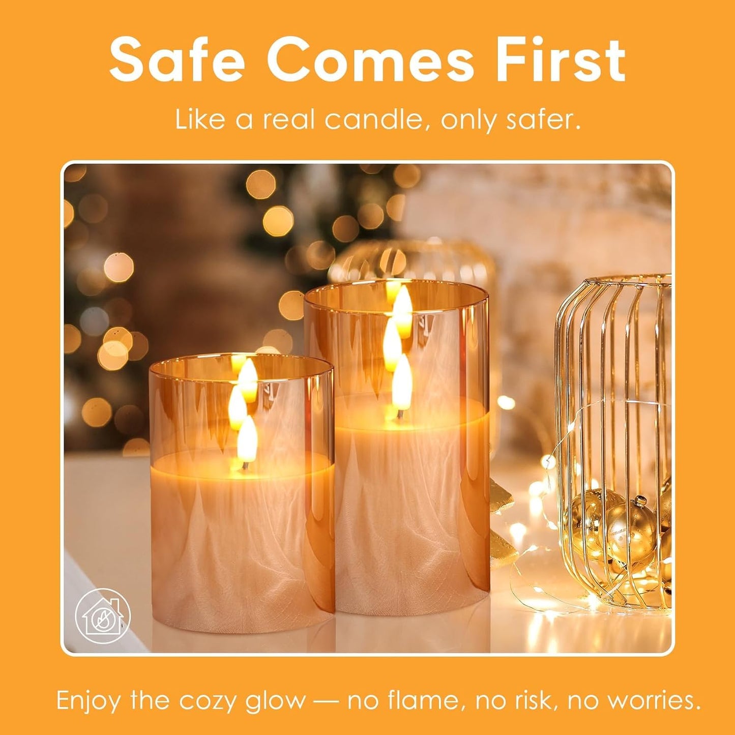 DECOVAA Set of 3 LED Pillar Candles with Acrylic Glass Holders, Realistic Flickering Flame, Battery Operated Decorative Candle for Home, Wedding, Diwali Décor (Acrylic Golden Glass Candle)