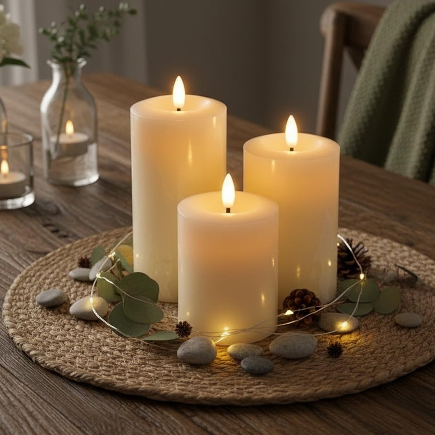 DECOVAA Real Wax Flameless LED Pillar Candles Set of 3 with 3D Flickering Wick, Battery Operated Decorative Candles 4", 5", 6" Height, 3" Diameter Candle Light for Home Decor, Diwali Decoration Items