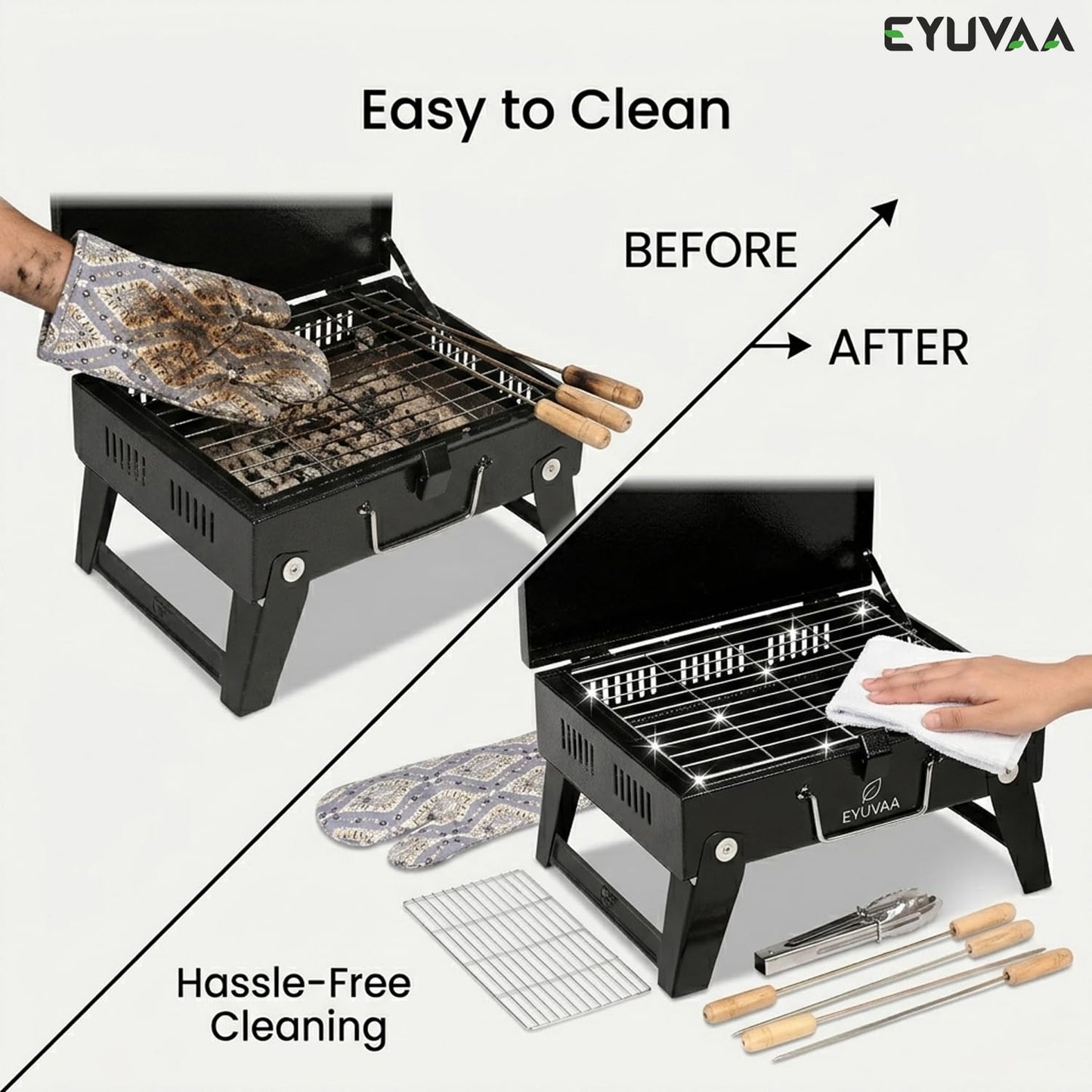 EYUVAA Portable Foldable Charcoal Barbeque Grill with Stand | Heavy Duty BBQ Set with 5 Skewers, Tongs & Glove | Compact Outdoor Grill for Camping, Picnic, Travel, Terrace & Home Cooking