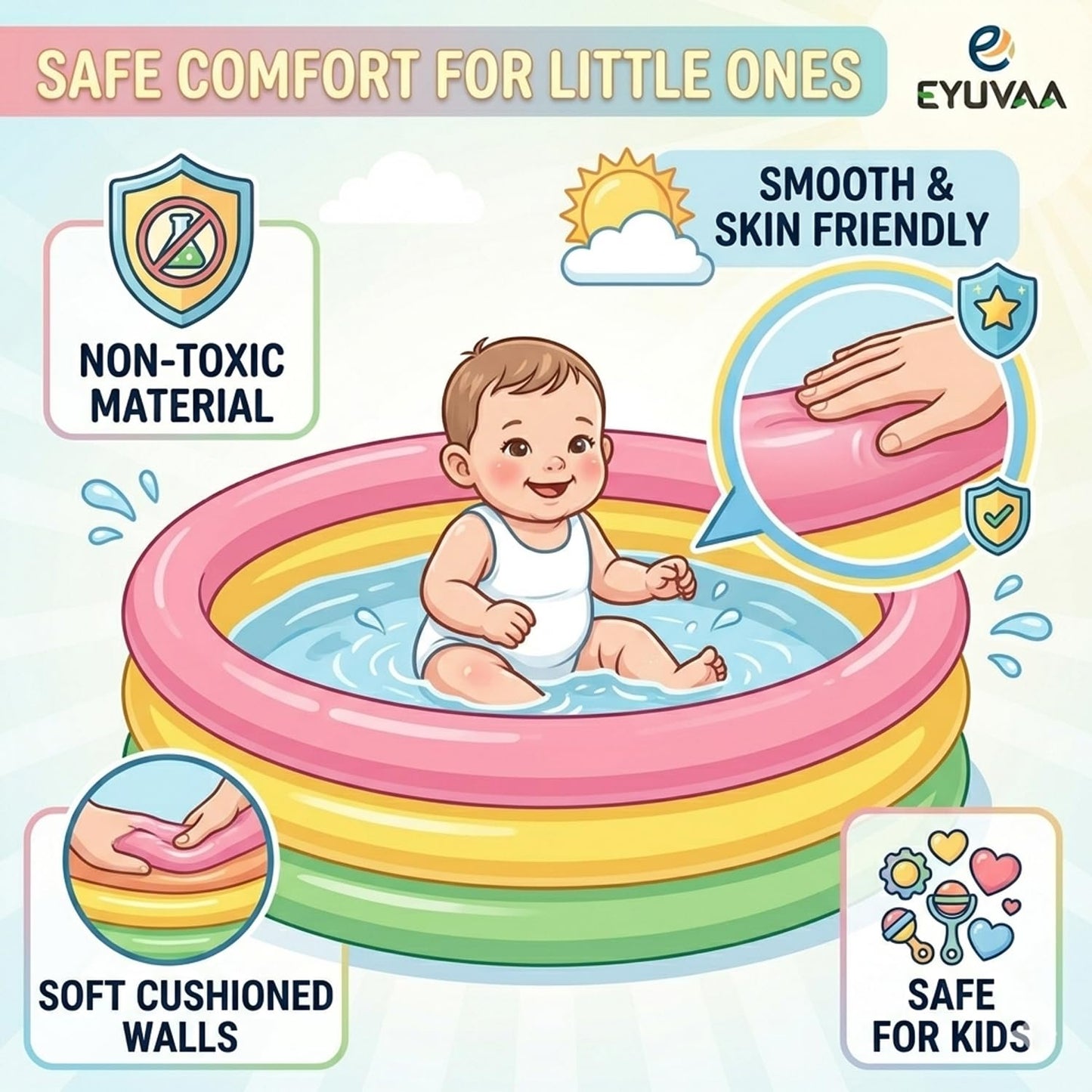 EYUVAA Kids Swimming Pool Inflatable Baby Pool for 0-3 Years 2 Feet 3-Ring Round Pool with Soft Inflatable Bottom Baby Bath Tub for Indoor, Balcony & Garden Play