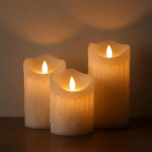 EYUVAA LED Pillar Candle Set of 3| Melted Real Wax Look Flameless Candles with Flickering Flame| 3" Dia X 4",5",6" Height Battery Operated Smokeless Decorative Candles for Home, Wedding & Diwali