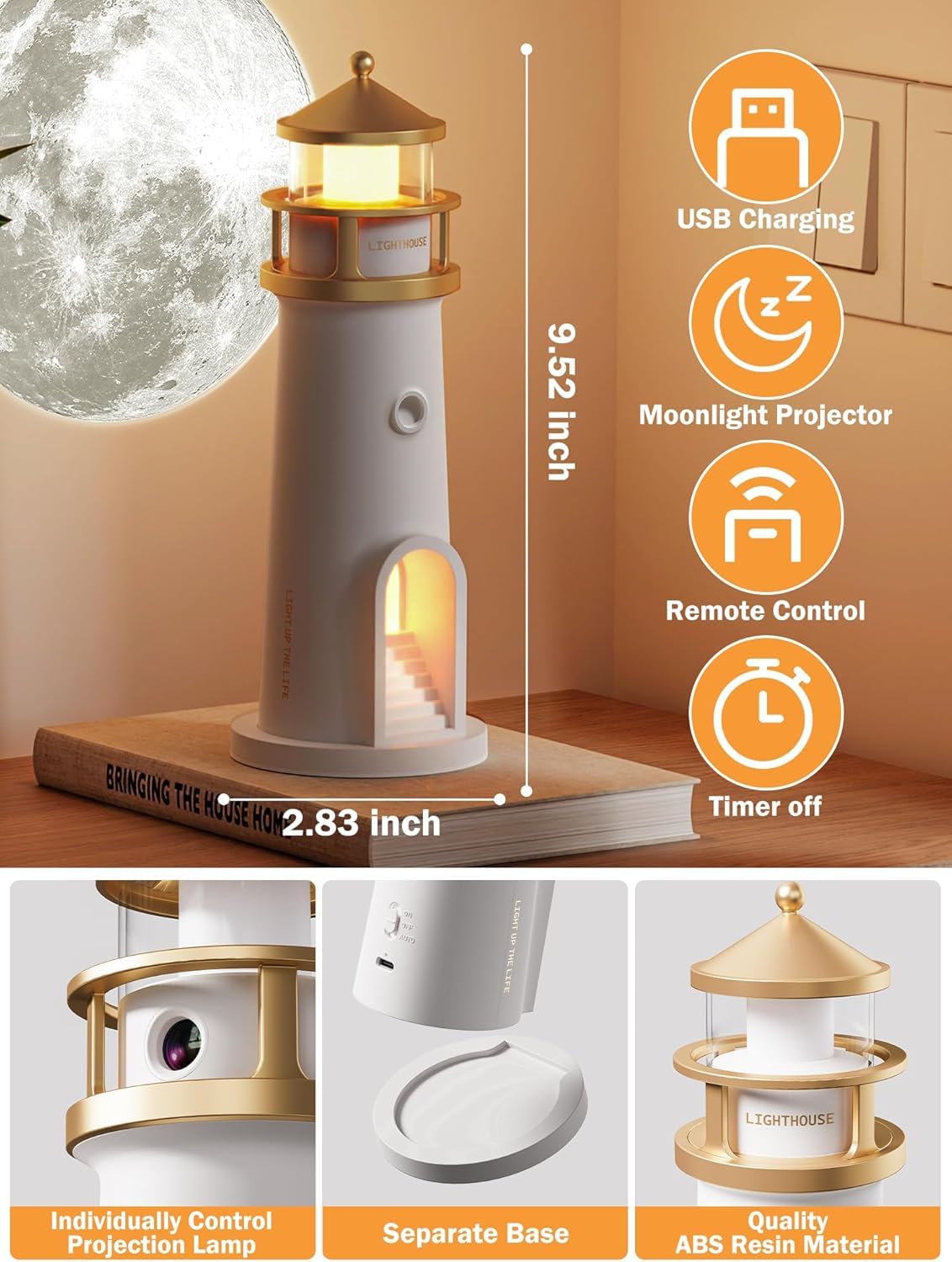 EYUVAA LABEL Lighthouse Night Lights with Full Moon Projector Night Light, Rechargeable LED Aesthetic Table Lamp Lighthouse Decor Light for Bedroom, Kids Room