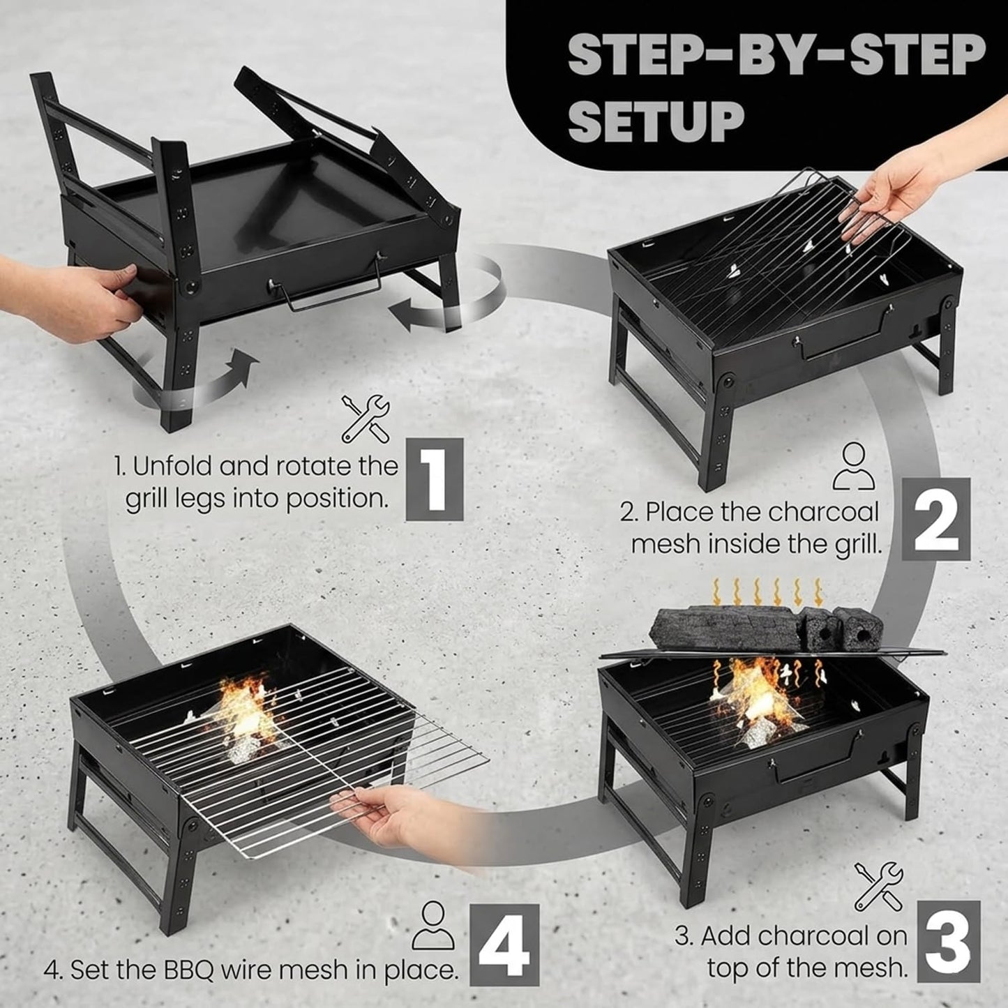 EYUVAA Portable Charcoal BBQ Grill Set with 8 Skewers, Spatula, Oil Brush & Air Blower| Foldable Heavy Duty Barbecue Grill for Camping, Picnic, Terrace, Garden & Outdoor Cooking