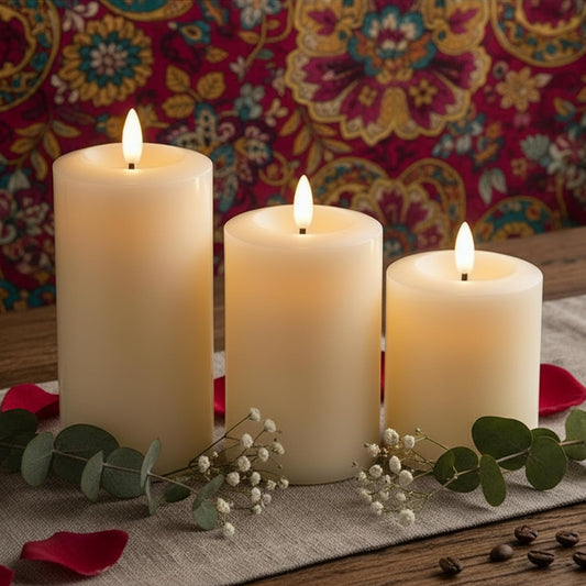 EYUVAA Real Wax Flameless LED Pillar Candles Set of 3 with 3D Flickering Wick, Battery Operated Decorative Candles 4", 5", 6" Height, 3" Diameter Candle Light for Home Decor, Diwali Decoration Items