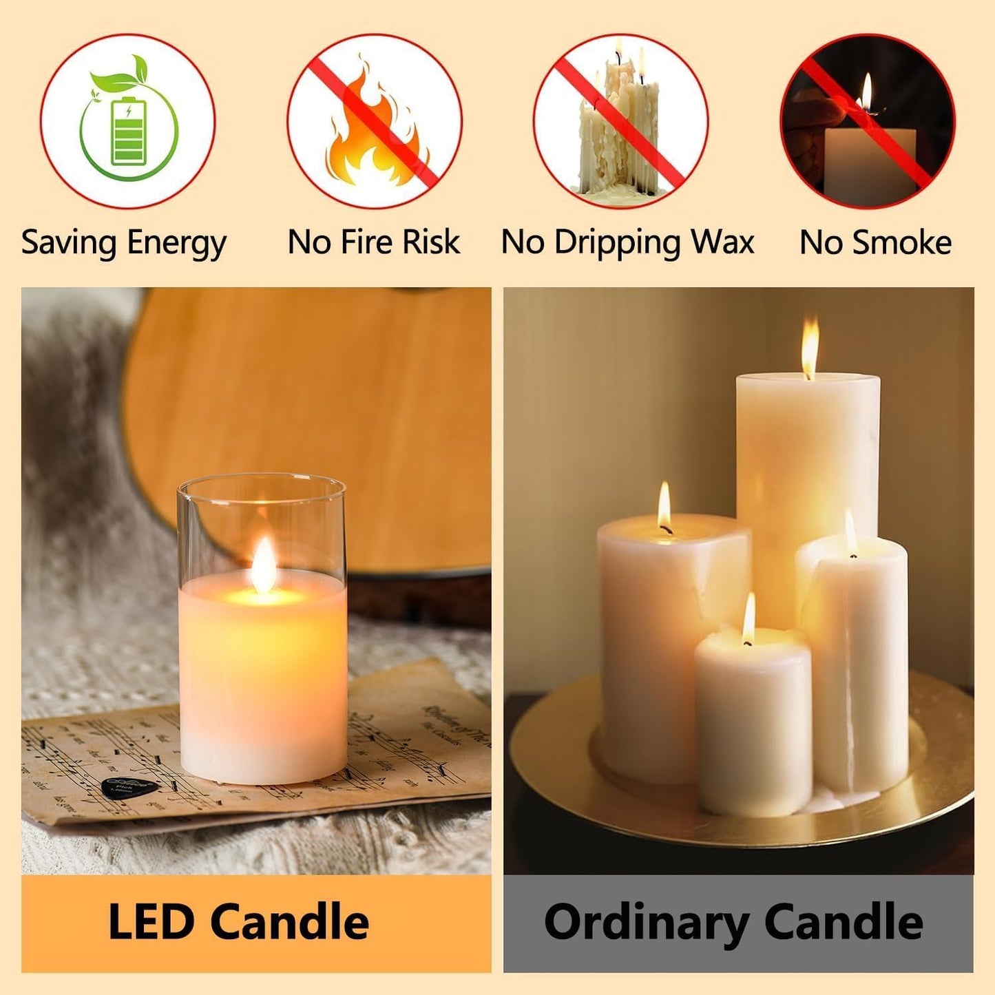 EYUVAA Flameless LED Pillar Candles, Battery Operated Acrylic Glass Candle, Realistic Flickering LED Flame Lights for Home Decor, Diwali, Wedding & Festivals(Golden)