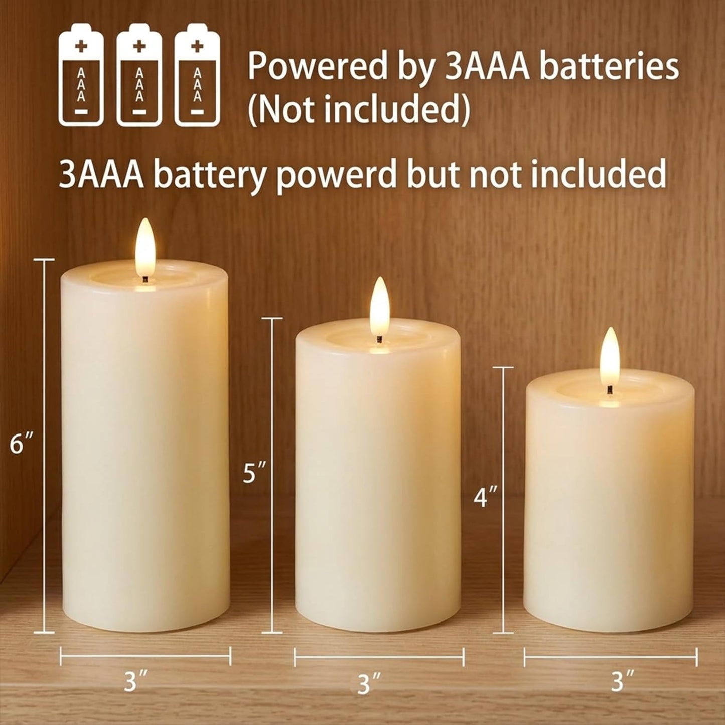 DECOVAA Real Wax Flameless LED Pillar Candles Set of 3 with 3D Flickering Wick, Battery Operated Decorative Candles 4", 5", 6" Height, 3" Diameter Candle Light for Home Decor, Diwali Decoration Items