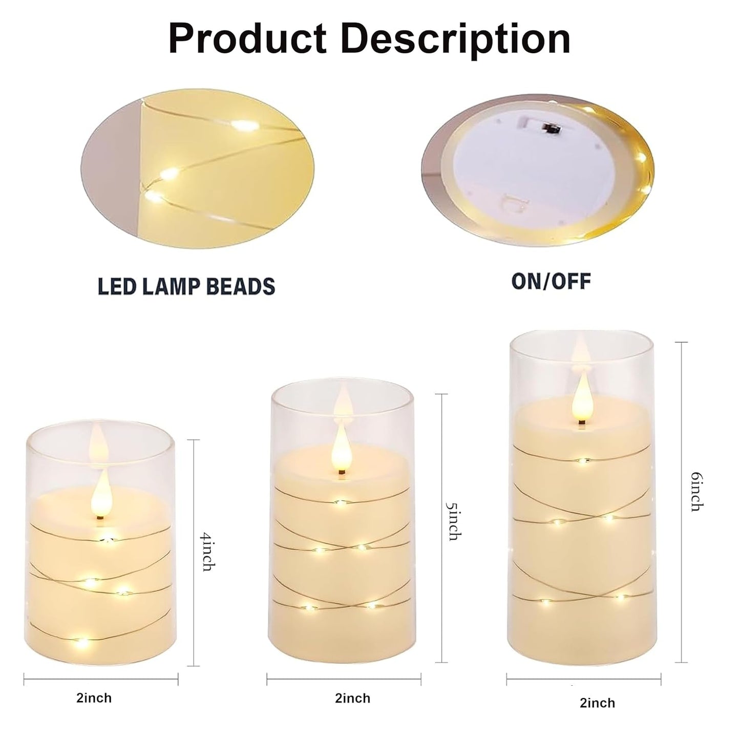 DECOVAA Acrylic Glass Candle Set of 3 with Embedded String Lights| Flickering Pillar Candles (D2” x H4”,5”,6”)| Battery Operated Led Candles for Home, Diwali & Wedding Décor (Transparent)