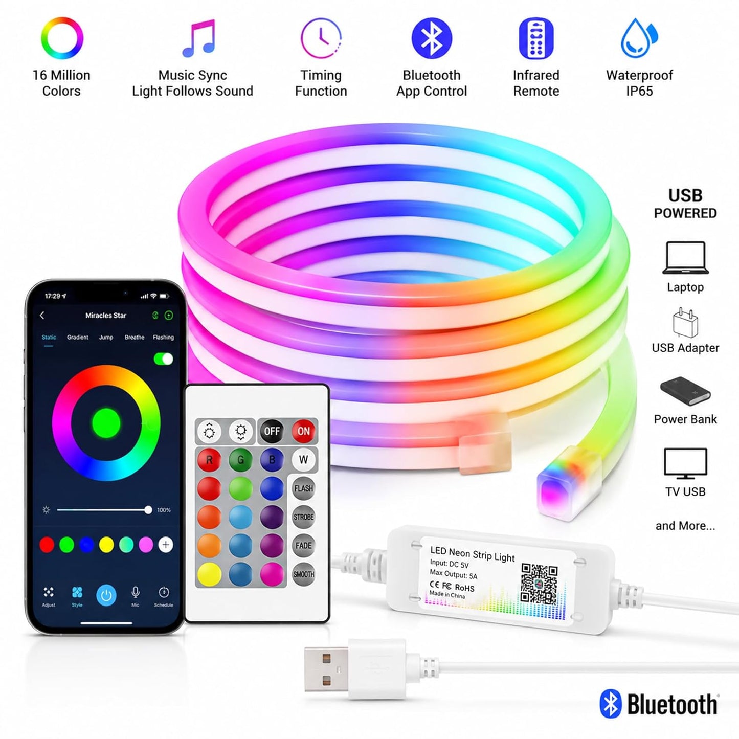 DECOVAA 5 Meter Smart RGB LED Neon Strip Light, App & Remote Control Music Sync Lights, USB Powered Waterproof Flexible Magic Lights for Bedroom, Diwali, Gaming Setup, TV Backlight & Home Decor