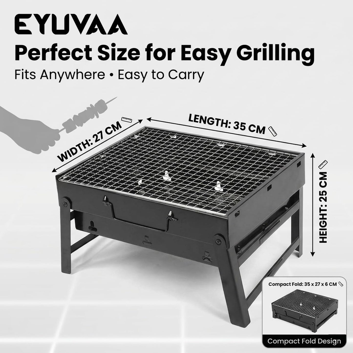 EYUVAA Portable Charcoal BBQ Grill Set with 8 Skewers, Spatula, Oil Brush & Air Blower| Foldable Heavy Duty Barbecue Grill for Camping, Picnic, Terrace, Garden & Outdoor Cooking
