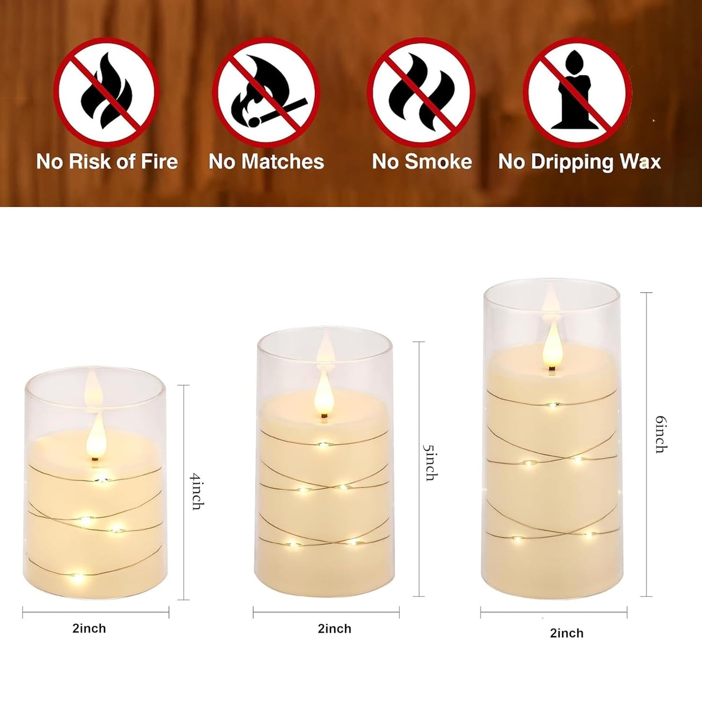DECOVAA Acrylic Glass Candle Set of 3 with Embedded String Lights| Flickering Pillar Candles (D2” x H4”,5”,6”)| Battery Operated Led Candles for Home, Diwali & Wedding Décor (Transparent)
