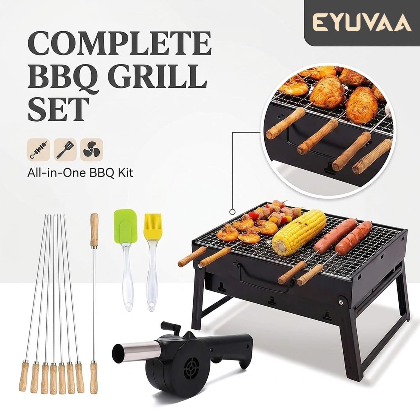 EYUVAA Portable Charcoal BBQ Grill Set with 8 Skewers, Spatula, Oil Brush & Air Blower| Foldable Heavy Duty Barbecue Grill for Camping, Picnic, Terrace, Garden & Outdoor Cooking