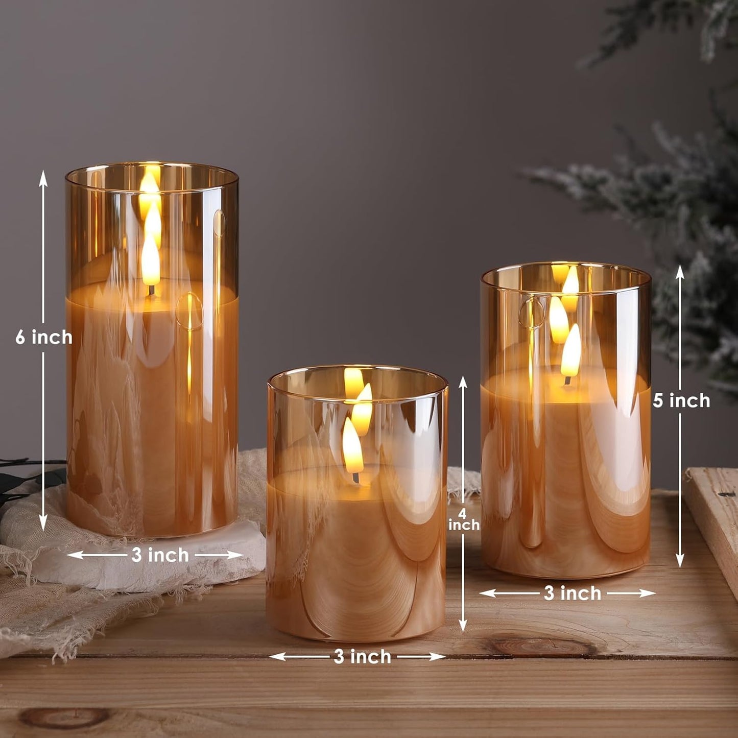 DECOVAA Set of 3 LED Pillar Candles with Acrylic Glass Holders, Realistic Flickering Flame, Battery Operated Decorative Candle for Home, Wedding, Diwali Décor (Acrylic Golden Glass Candle)