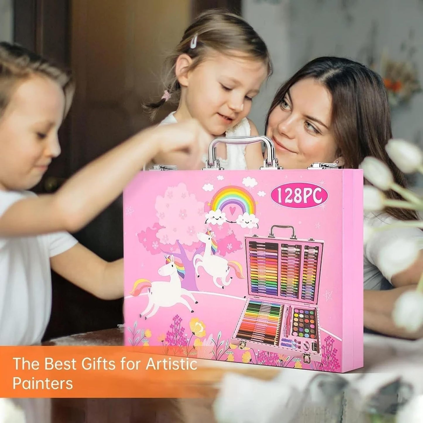 EYUVAA Deluxe 128 Piece Art Set| Portable Art & Craft Painting Box for Kids, Adults, and Artists| 128 pcs Drawing Kit with Crayons, Sketch, Watercolor Cakes and Colored Pencils