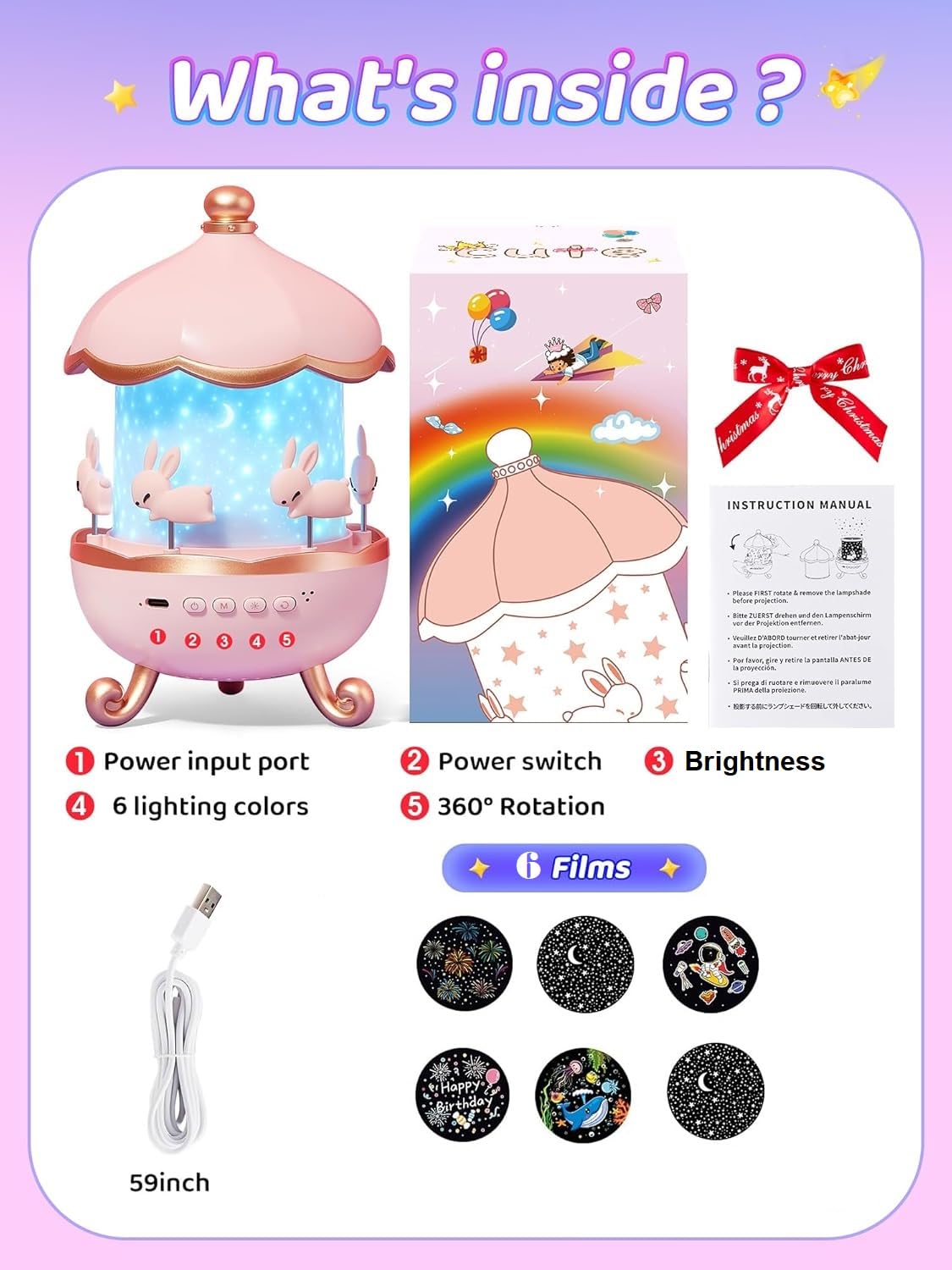 EYUVAA Bunny Night Light Projector, 360° Rotatable 6 Films Shade Rechargeable LED Night Light Lamp for Kids Room, Nursery Room Décor (Light Projector)