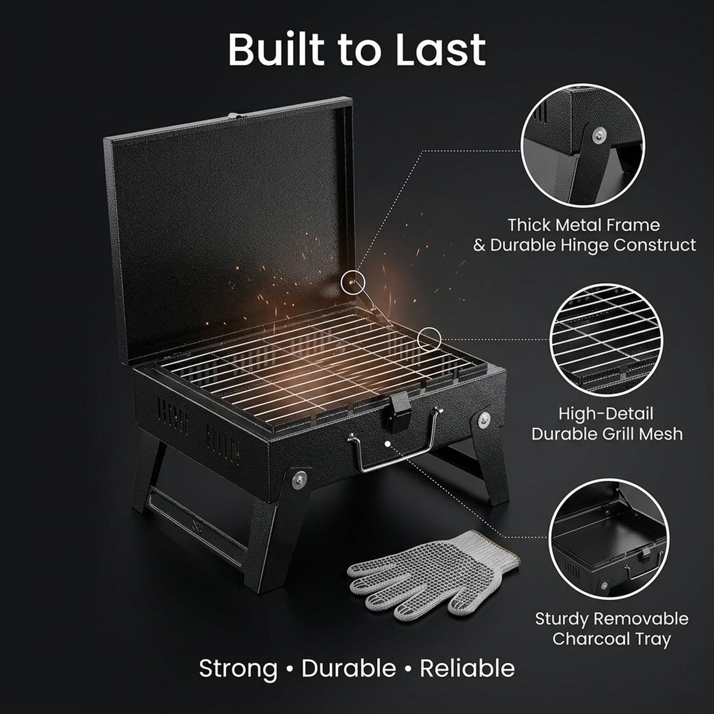 EYUVAA Portable Foldable Charcoal Barbeque Grill with Stand | Heavy Duty BBQ Set with 5 Skewers, Tongs & Glove | Compact Outdoor Grill for Camping, Picnic, Travel, Terrace & Home Cooking