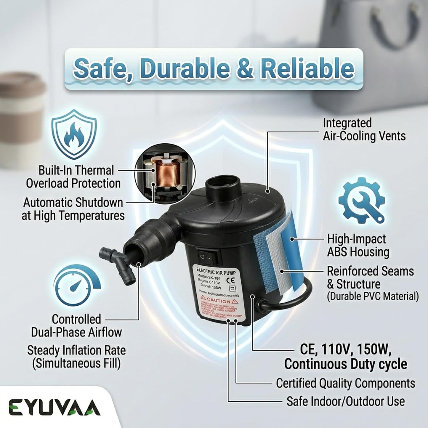 EYUVAA Electric Air Pump for Inflatables, High Power AC 230V Inflator Deflator with 3 Nozzles, Portable Air Blower for Air Bed, Swimming Pool, Float, Sofa, Boat, Camping & Outdoor Use