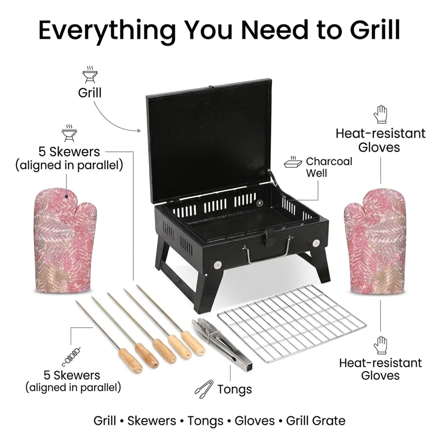 EYUVAA Portable Foldable Charcoal Barbeque Grill with Stand | Heavy Duty BBQ Set with 5 Skewers, Tongs & Glove | Compact Outdoor Grill for Camping, Picnic, Travel, Terrace & Home Cooking