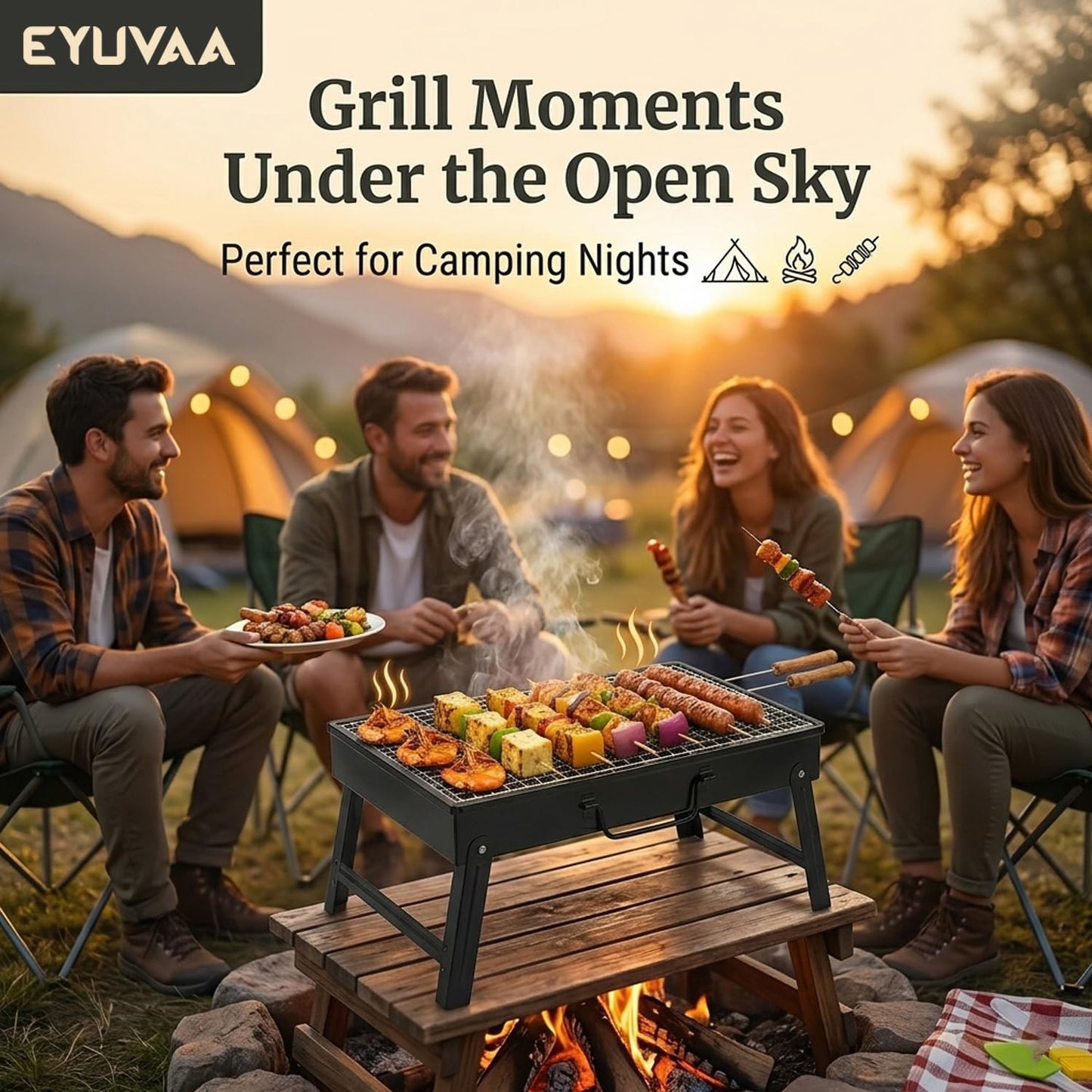 EYUVAA Portable Charcoal BBQ Grill Set with 8 Skewers, Spatula, Oil Brush & Air Blower| Foldable Heavy Duty Barbecue Grill for Camping, Picnic, Terrace, Garden & Outdoor Cooking