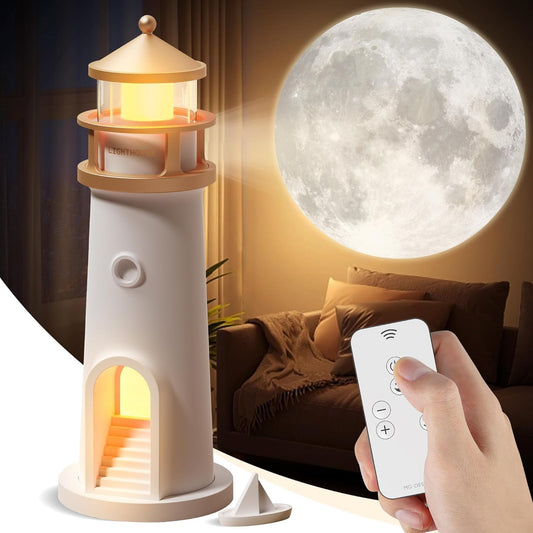 EYUVAA LABEL Lighthouse Night Lights with Full Moon Projector Night Light, Rechargeable LED Aesthetic Table Lamp Lighthouse Decor Light for Bedroom, Kids Room