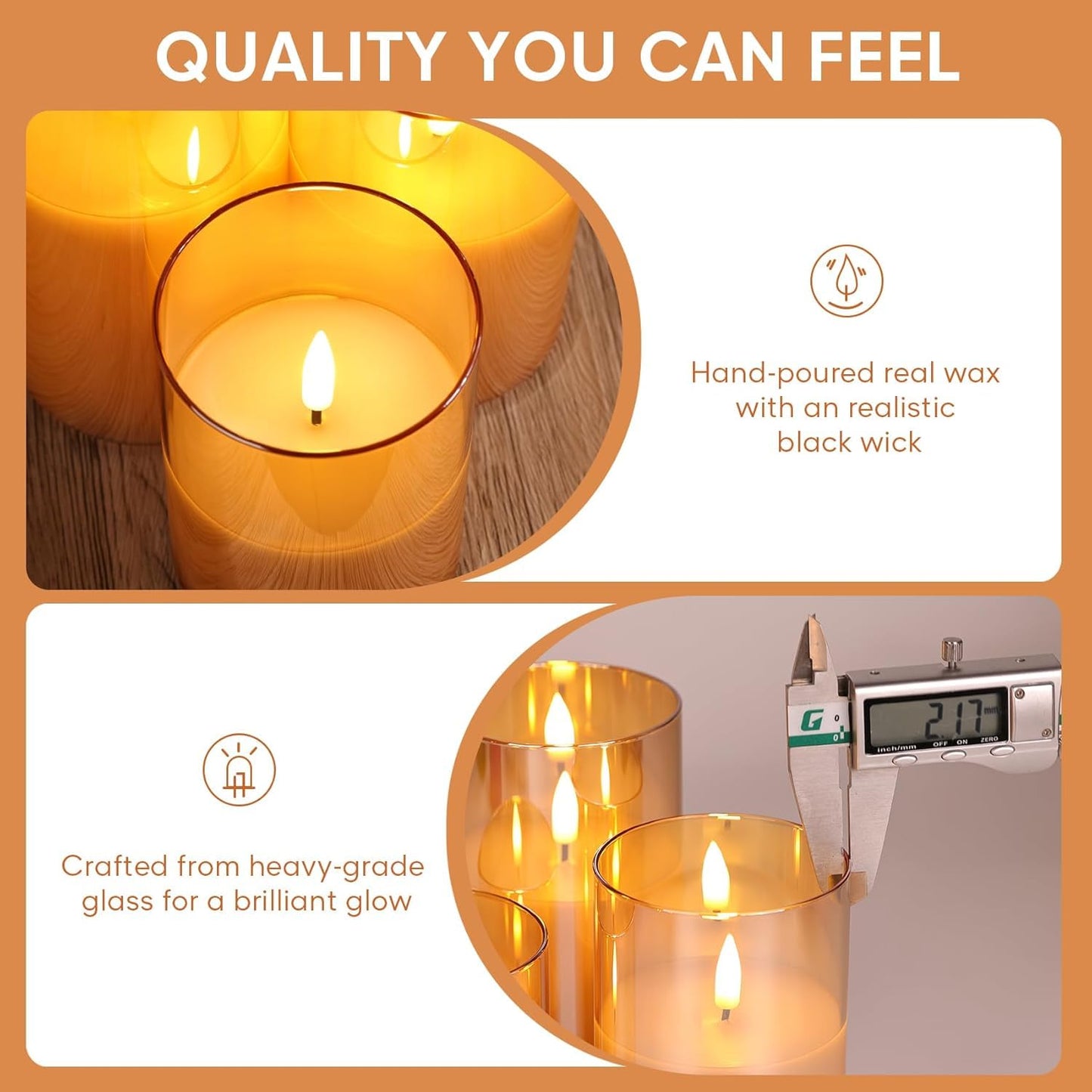 DECOVAA Set of 3 LED Pillar Candles with Acrylic Glass Holders, Realistic Flickering Flame, Battery Operated Decorative Candle for Home, Wedding, Diwali Décor (Acrylic Golden Glass Candle)