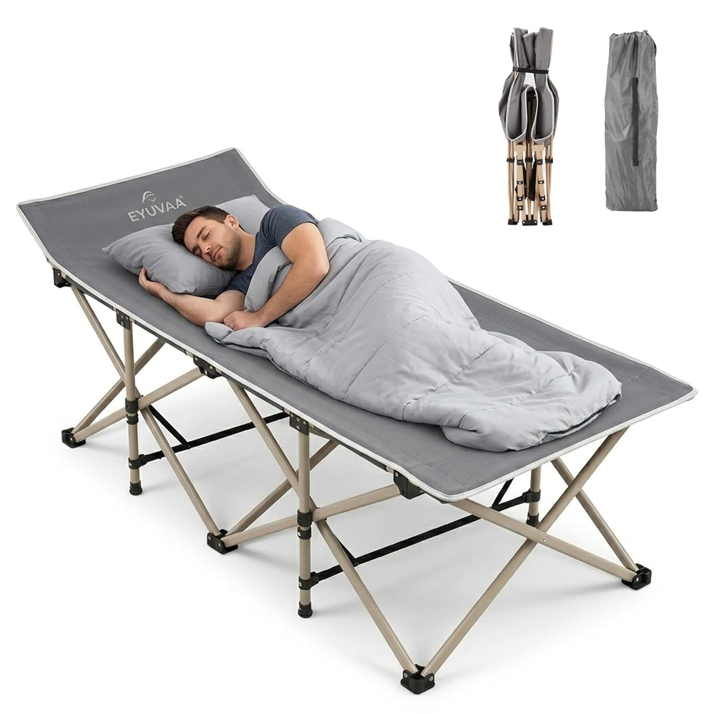 EYUVAA  Camping Bed for Adults, 75 Inch Folding Bed with Carry Bag, Portable Camping Cot, Heavy Duty Steel Frame, Foldable Sleeping Cot for Camping, Travel, Trekking, Home & Office Use