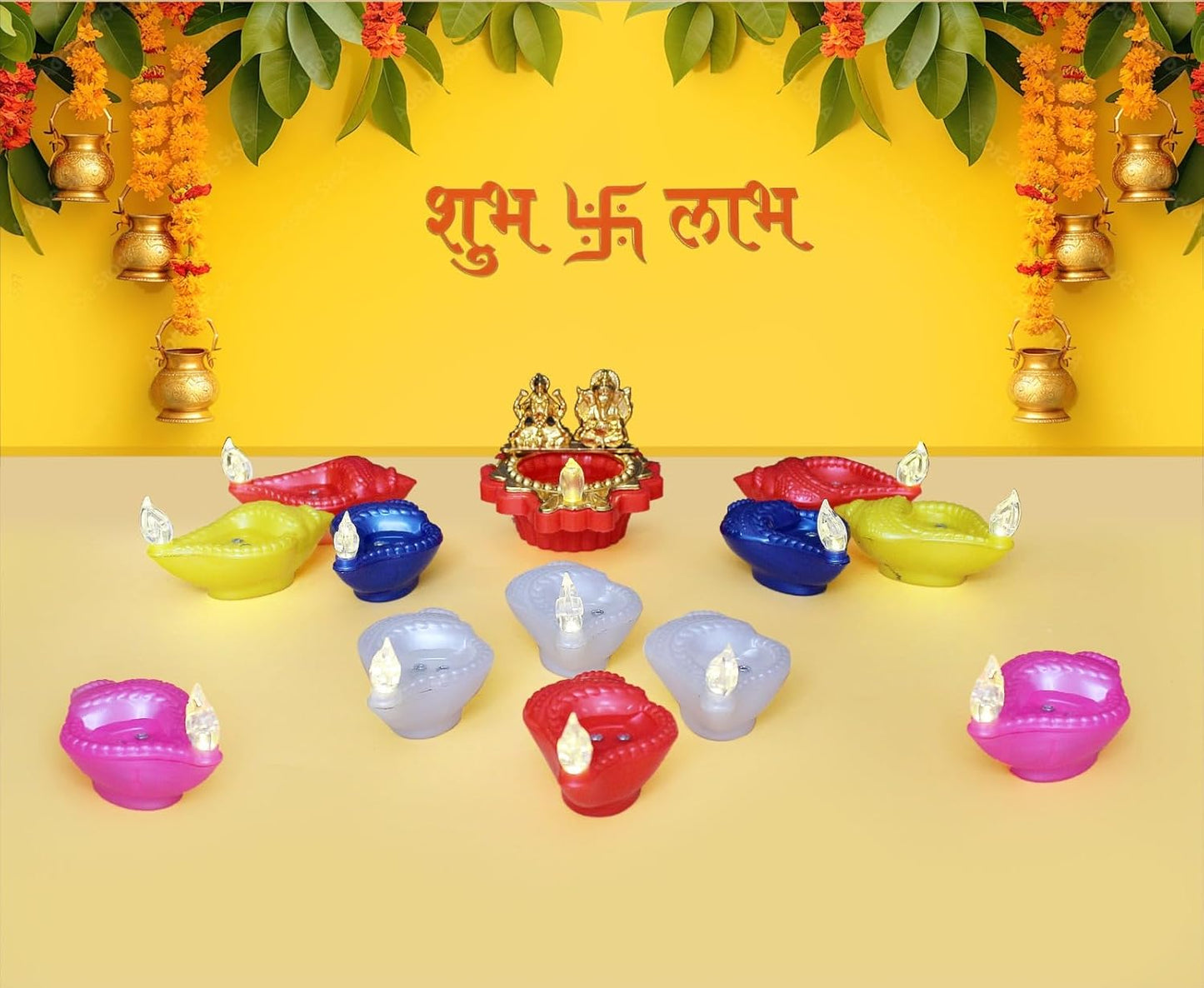 EYUVAA Laxmi Ganesh Water Sensor Diya, Flameless & Smokeless Decorative LED Candle, Diwali Diyas, Water-Activated Flameless LED Diya for Pooja, Temple and Home Décor