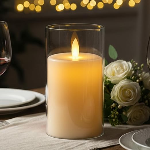 EYUVAA Flameless LED Pillar Candles, Battery Operated Acrylic Glass Candle, Realistic Flickering LED Flame Lights for Home Decor, Diwali, Wedding & Festivals (Transparent)