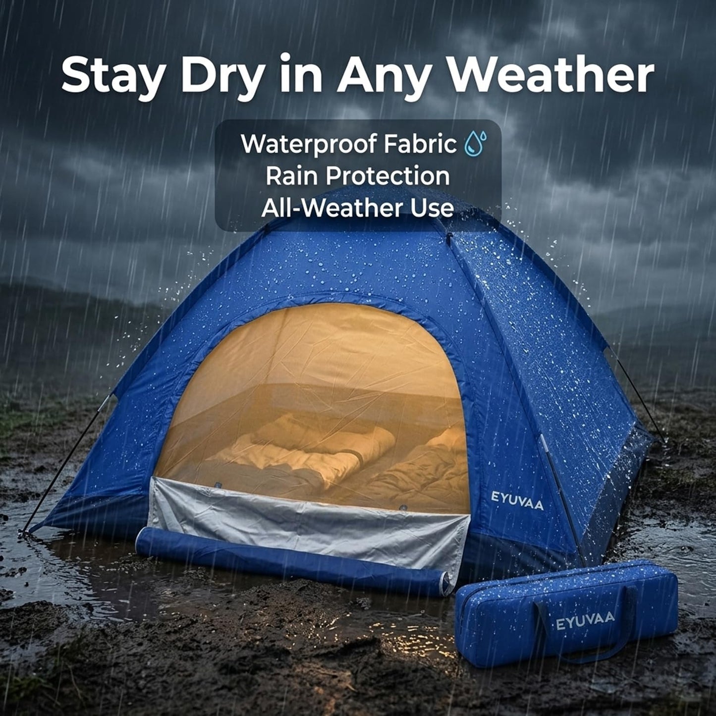 EYUVAA Waterproof Camping Tent for 4 Person (200×200×135 cm),Lightweight Portable Dome Tent with Carry Bag,Easy Setup Windproof Outdoor Tent for Hiking, Backpacking, Picnic & Travel (Random Colour)