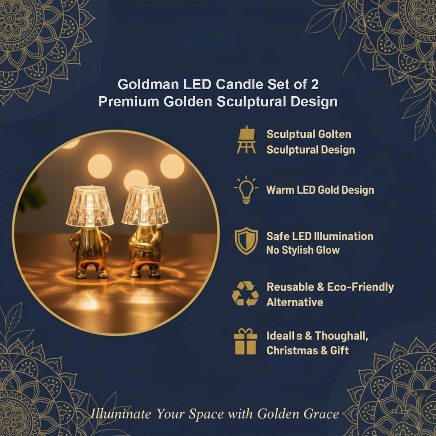 DECOVAA Mini Golden Man LED Table Lamp Pack of 2| Battery Operated Decorative Night Light| Flameless LED Candle Lamp for Bedroom, Living Room & Pooja Room & Gift Items (Random Shape)