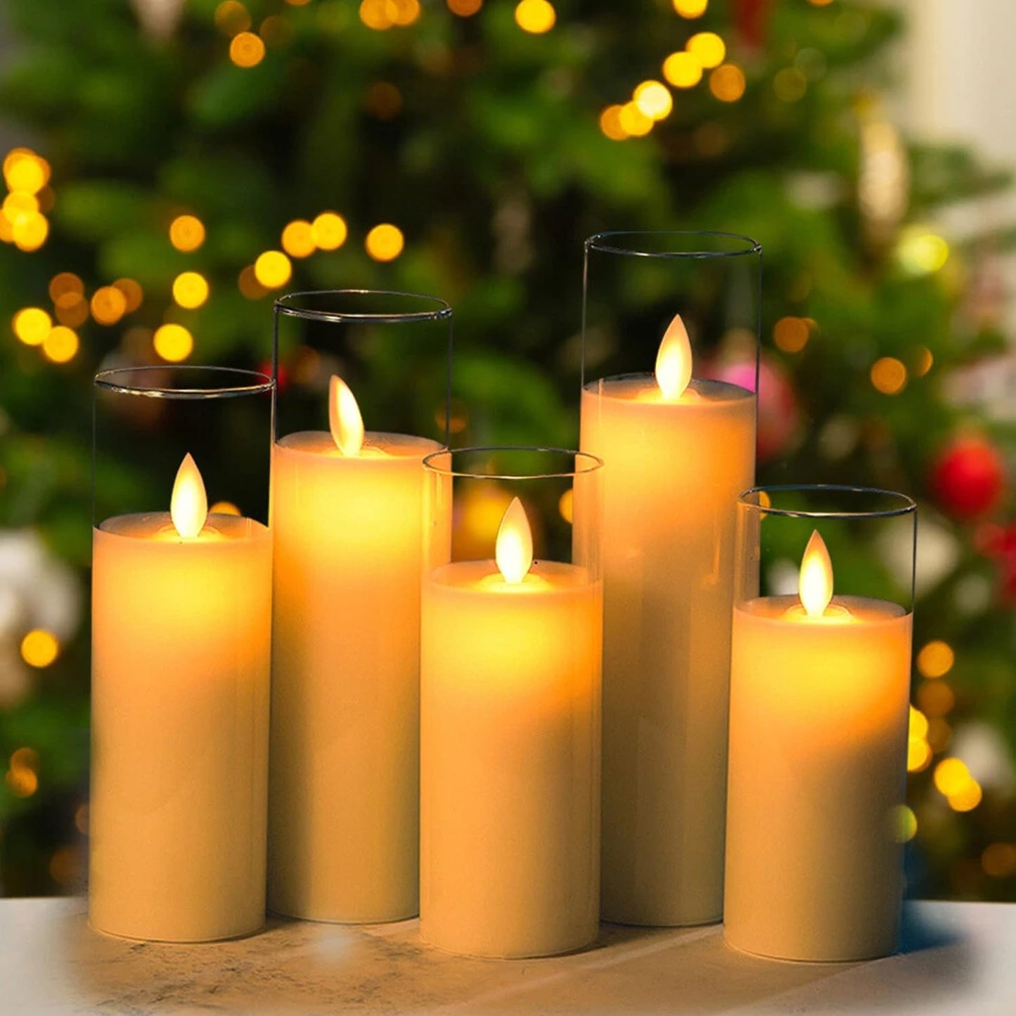 EYUVAA Flickering LED Flameless Candles, Battery Operated Acrylic Glass Candle Set, Moving Wick Candle for Home Décor, Wedding, Party, Diwali Decoration (Set of 5)