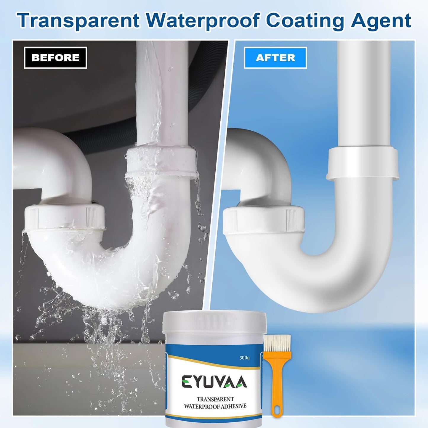 EYUVAA Waterproof Crack Seal Agent with Brush, Transparent Waterproof Glue for Leakage, Invisible Roof Waterproofing Leak Repair Adhesive Solution for Walls, Tiles, Pipes & Gaps