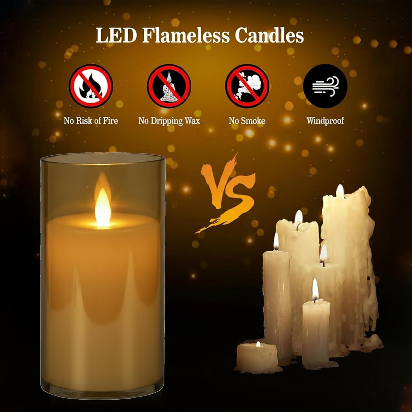 EYUVAA Flameless LED Pillar Candles, Battery Operated Acrylic Glass Candle, Realistic Flickering LED Flame Lights for Home Decor, Diwali, Wedding & Festivals(Golden)