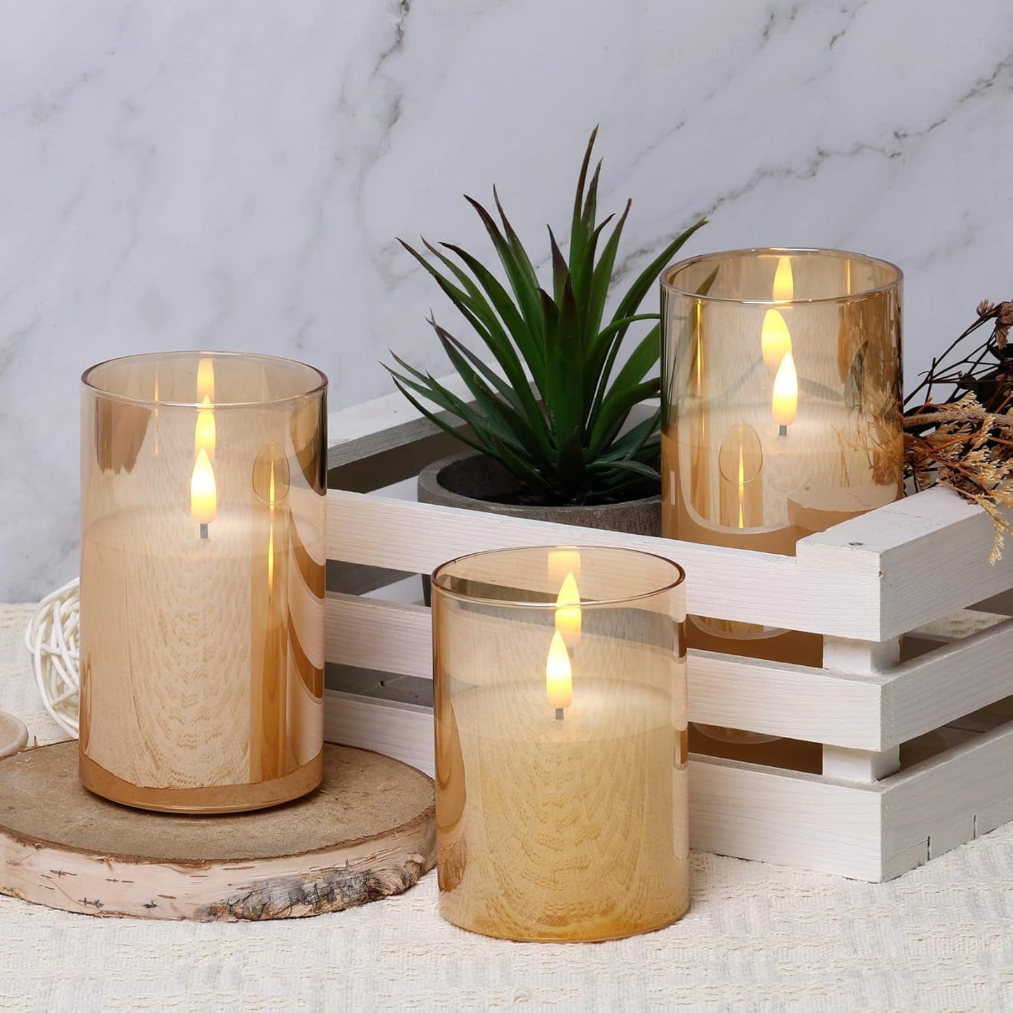 EYUVAA Flameless LED Pillar Candles Set of 3, Battery Operated Acrylic Glass Candles, Real Wax Look, Flickering LED Flame Light, Perfect for Home, Festive, Wedding, Diwali, and Party Decor