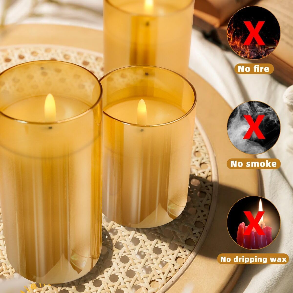 EYUVAA Flameless LED Pillar Candles Set of 3, Battery Operated Acrylic Glass Candles, Real Wax Look, Flickering LED Flame Light, Perfect for Home, Festive, Wedding, Diwali, and Party Decor