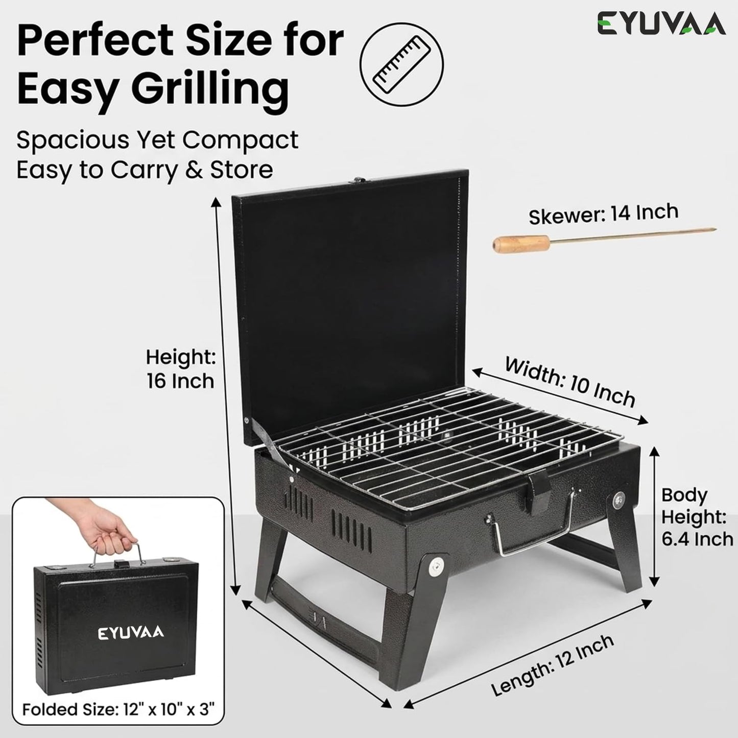 EYUVAA Portable Foldable Charcoal Barbeque Grill with Stand | Heavy Duty BBQ Set with 5 Skewers, Tongs & Glove | Compact Outdoor Grill for Camping, Picnic, Travel, Terrace & Home Cooking