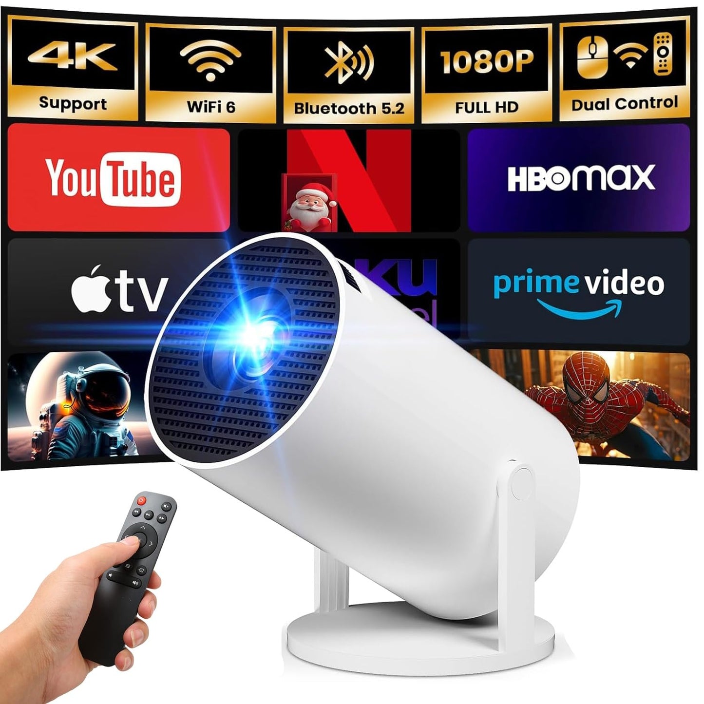EYUVAA Lightbeam Smart Projector for Home Office with WiFi & Bluetooth, Support 1080P Resolution 3000 Lumen, Rotabable Design and Android 11 with Built-in Apps, 100 inches Max Display