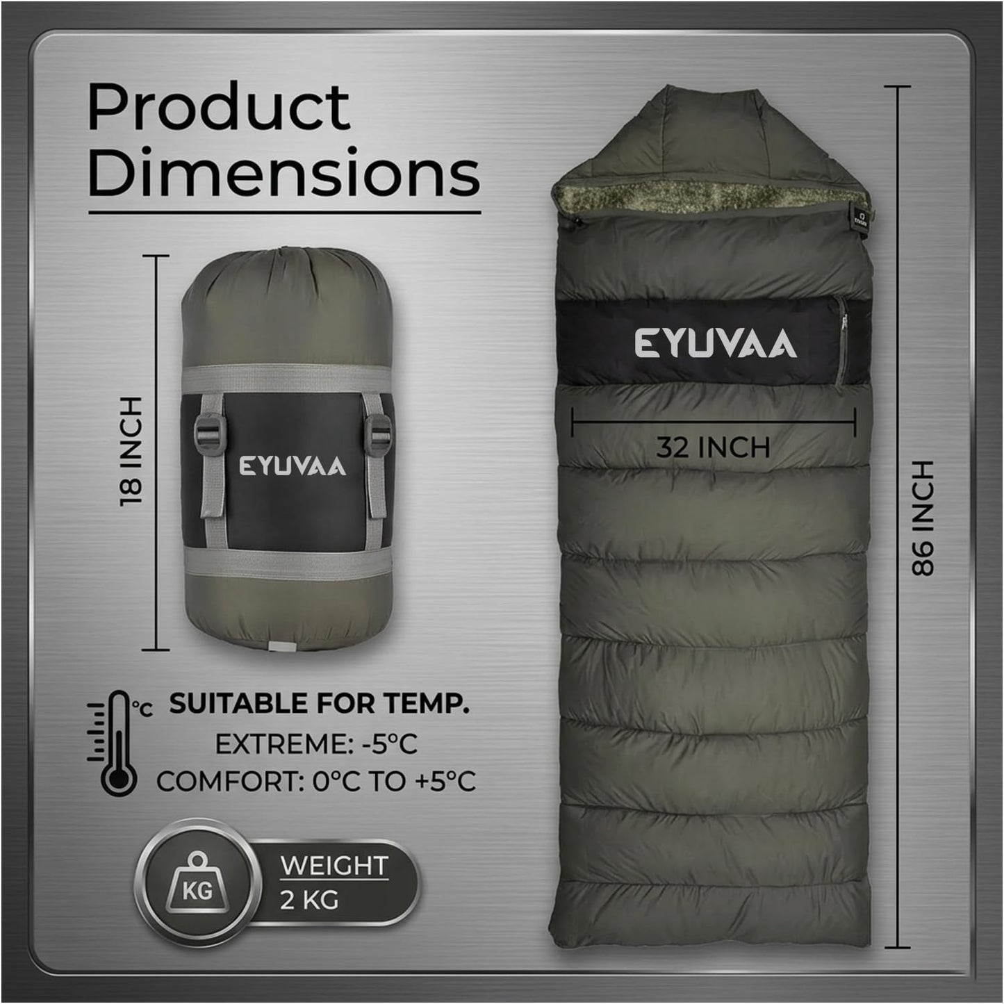EYUVAA Camping Sleeping Bag -5°C to +5°C, Rectangle Shape Winter Sleeping Bag with Faux Fur, Fits Up to 7.2 ft, Lightweight & Compact for Trekking, Hiking & Travel