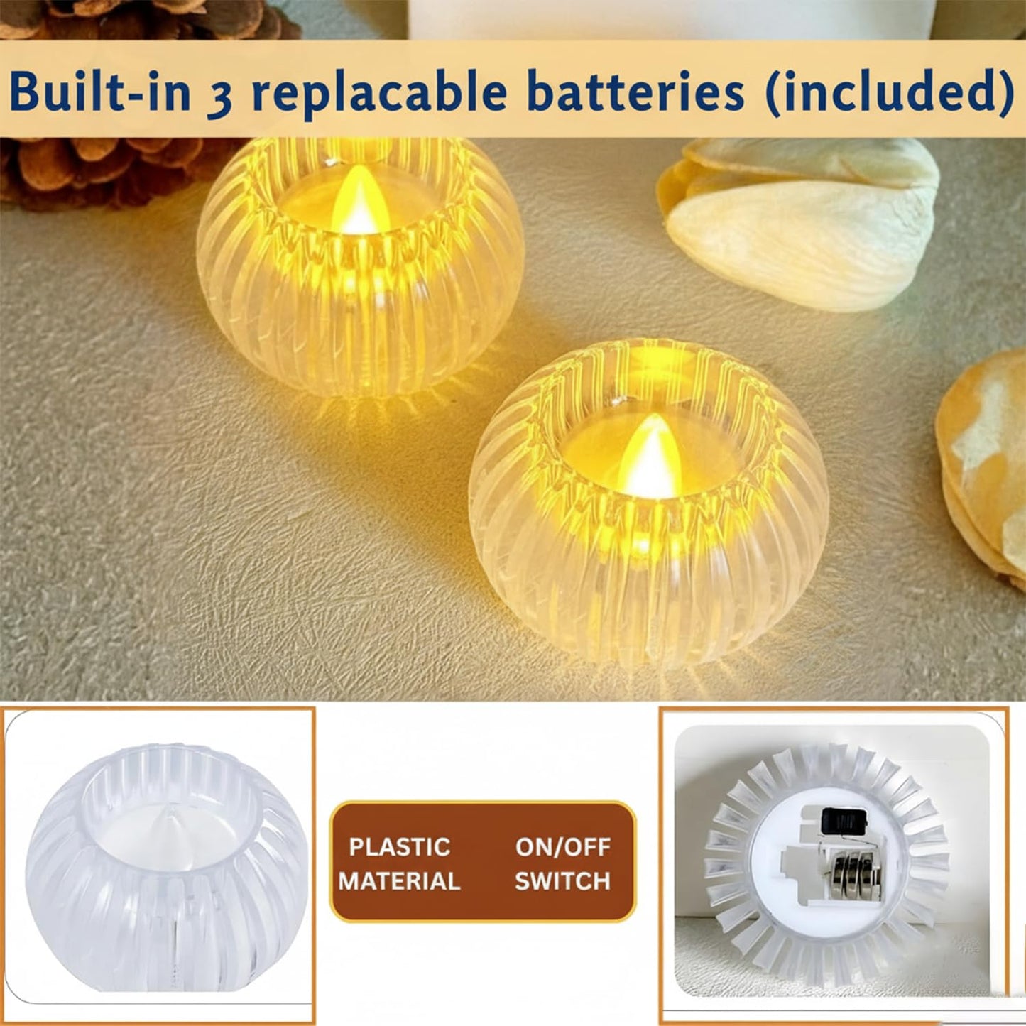 EYUVAA Flameless LED Tea Light Candle with Ribbed Crystal Acrylic Design, Battery Operated Smokeless Flickering Tealight for Home Décor, Diwali, Wedding & Home Decoration