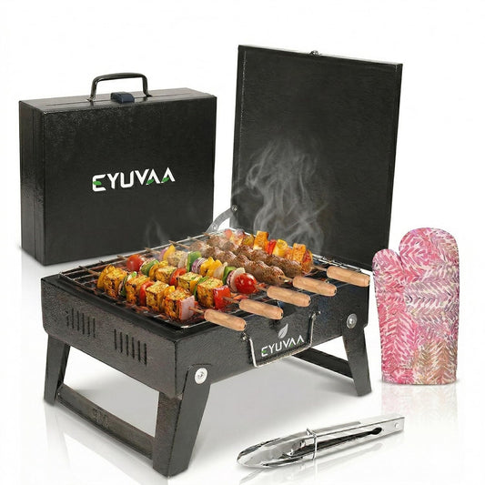 EYUVAA Portable Foldable Charcoal Barbeque Grill with Stand | Heavy Duty BBQ Set with 5 Skewers, Tongs & Glove | Compact Outdoor Grill for Camping, Picnic, Travel, Terrace & Home Cooking