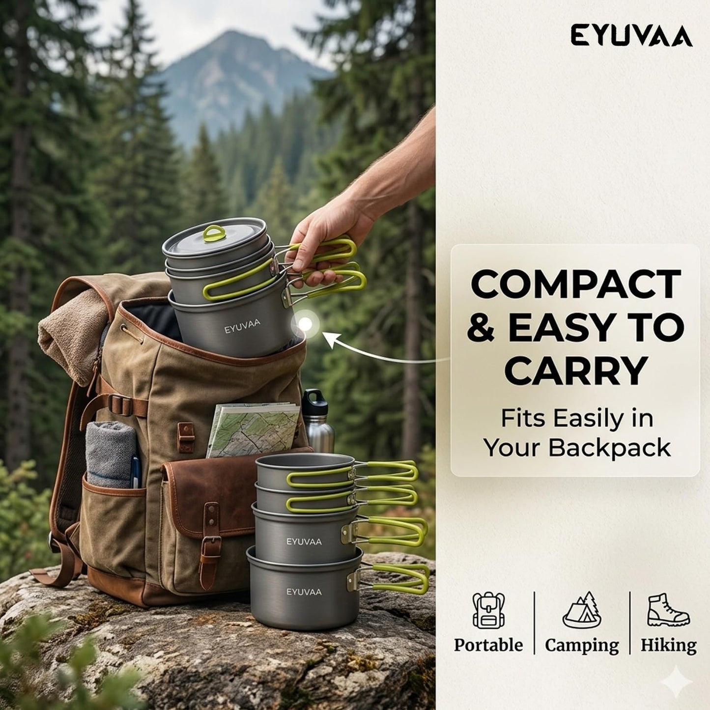 EYUVAA  Camping Cookware Set 4 Pcs, Portable Steel Cooking Pot Set, Lightweight Outdoor Cooking Kit for Camping, Hiking, Trekking, Picnic, Backpacking & Travel Kitchen Essentials