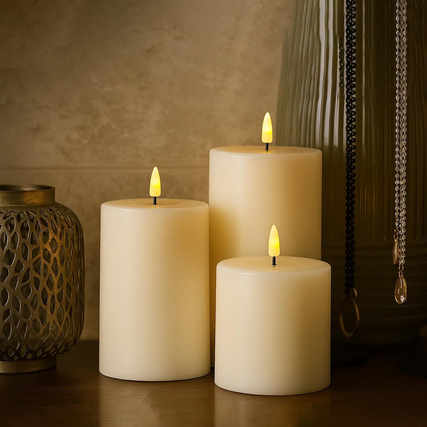 EYUVAA Flameless LED Pillar Candles, Battery Operated, Realistic Flickering Flame, 3” Diameter, Heights 4”, 5”, 6”, Smokeless LED Candles for Home Décor, Weddings and Diwali Decoratio (Set of 3)